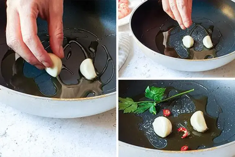 Ajo y pimienta para los espaguetis con langostinos