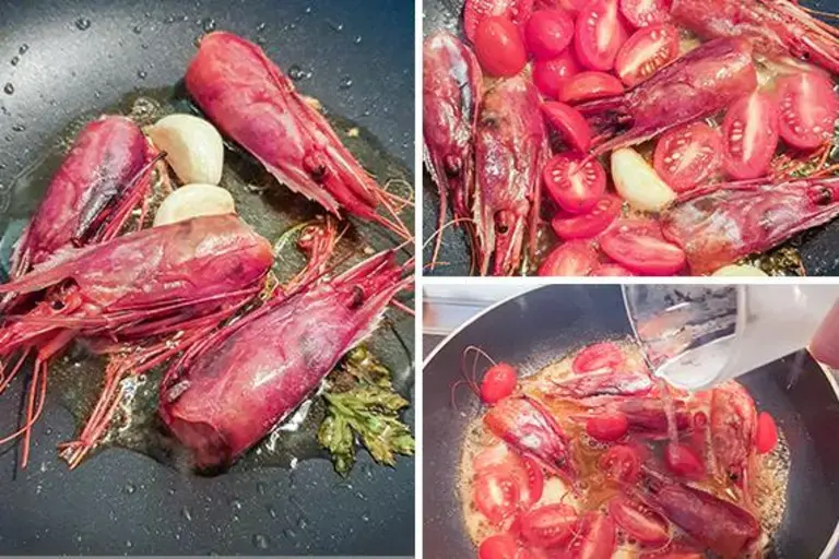 Langostinos y tomates cherry para los espaguetis con langostinos